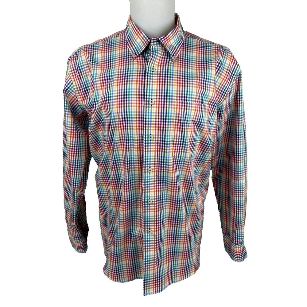 Alan Flusser Men XL Rainbow Plaid Shirt Casual Bright Flip Cuff